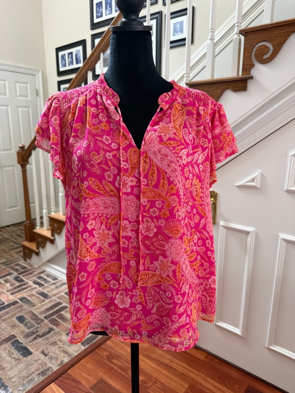 Cece Pink Orange Paisley Print Blouse Top Ruffled Sleeve & Mandarin Collar Sz M